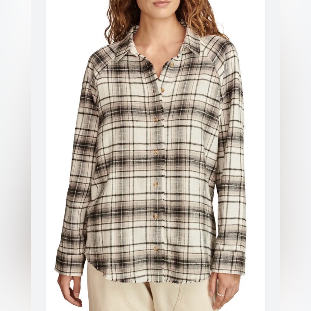NWT Lucky Brand Tunic Plaid Cotton Flannel Shirt Black & White XXL